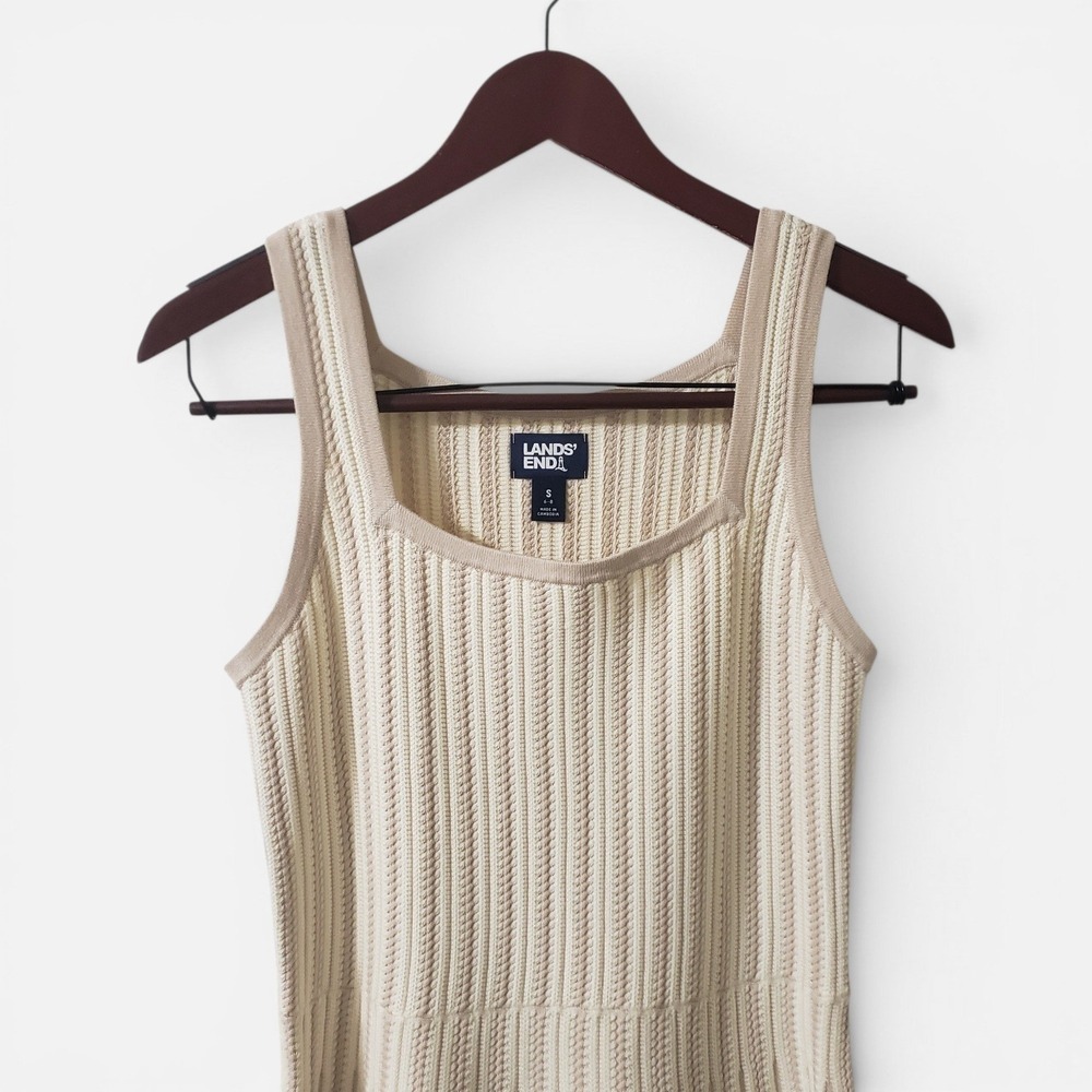 Lands End Womens Beige Striped Fit & Flare Knit Rib Texture Dress Oatmeal Sm 4-6 - Picture 3 of 10